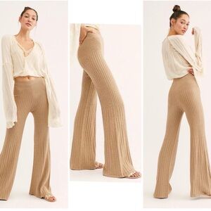 Free People Ribbed Wide-Leg Knit Pants - Tan